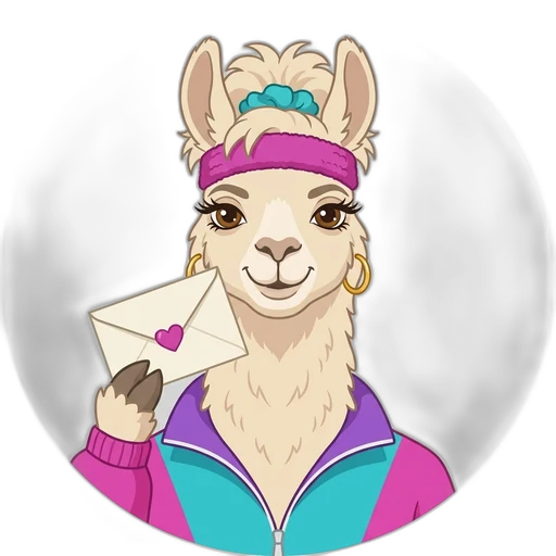 Stephanie the llama holding a deal-alert envelope